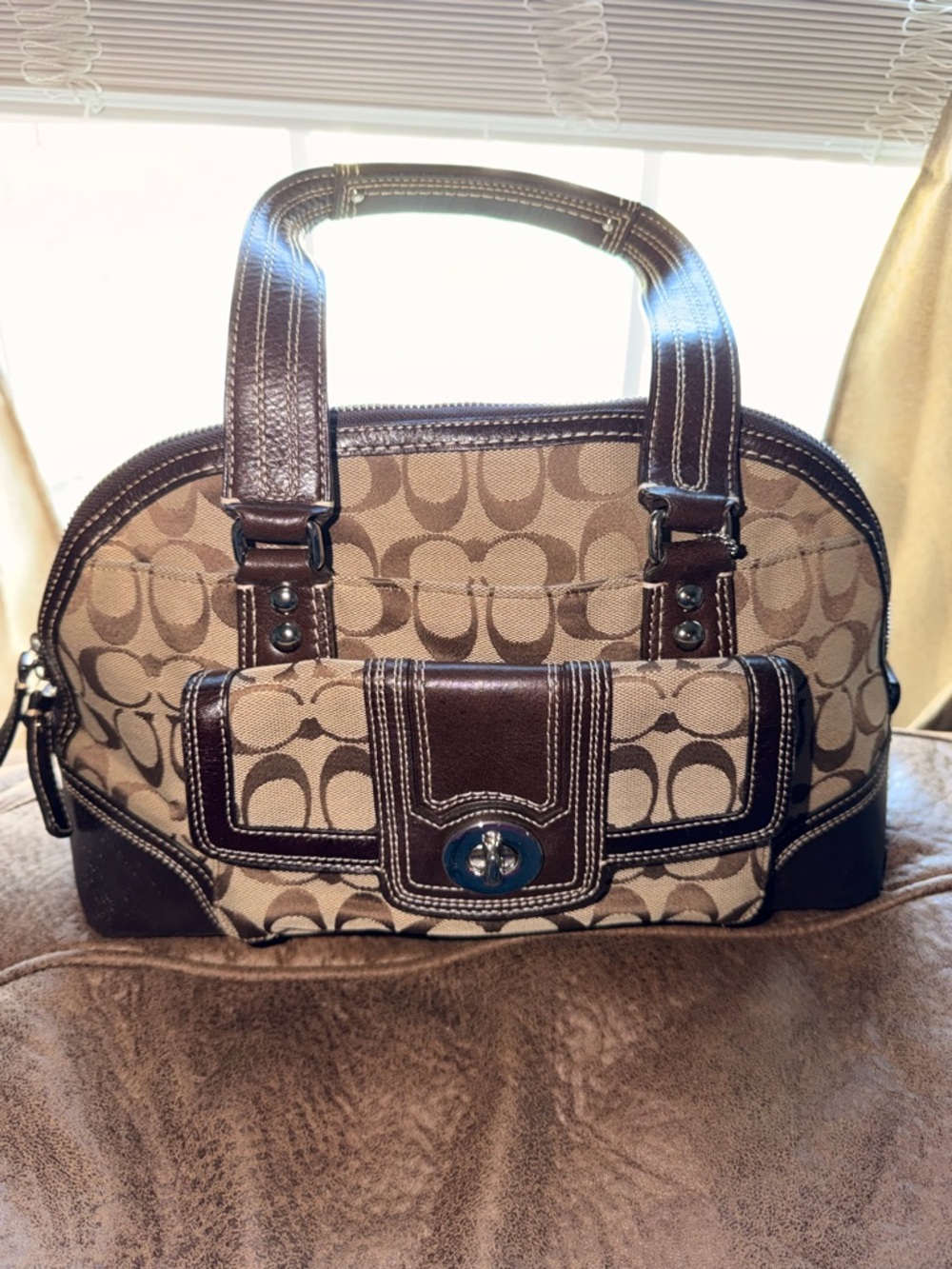 Coach Khaki Signature Canvas and Dark Brown Leather Satchel